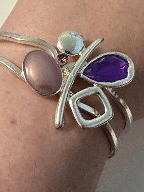 Title: Butterfly Bracelet Purple & Pink Gemstone Silver-Tone Statement Bracelet